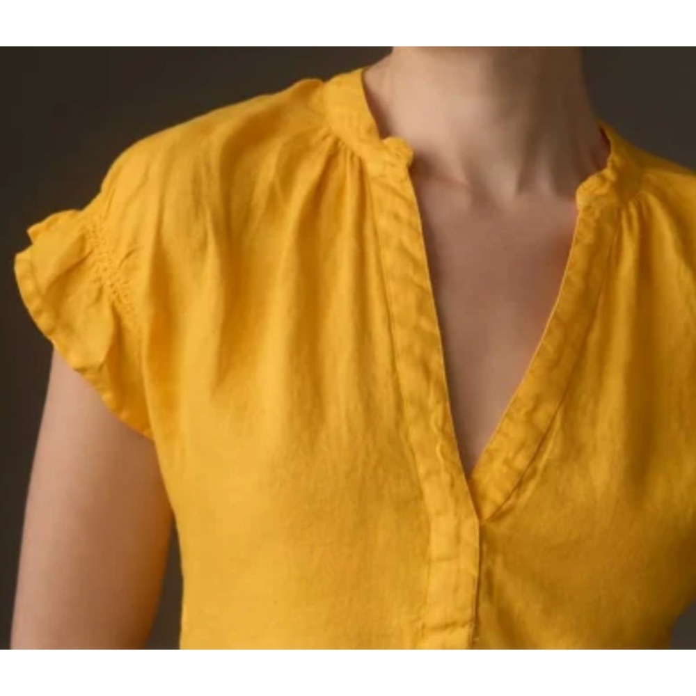 Anthropologie Pilcro Linen Flutter Sleeve Henley Size L Yellow Preppy Coastal